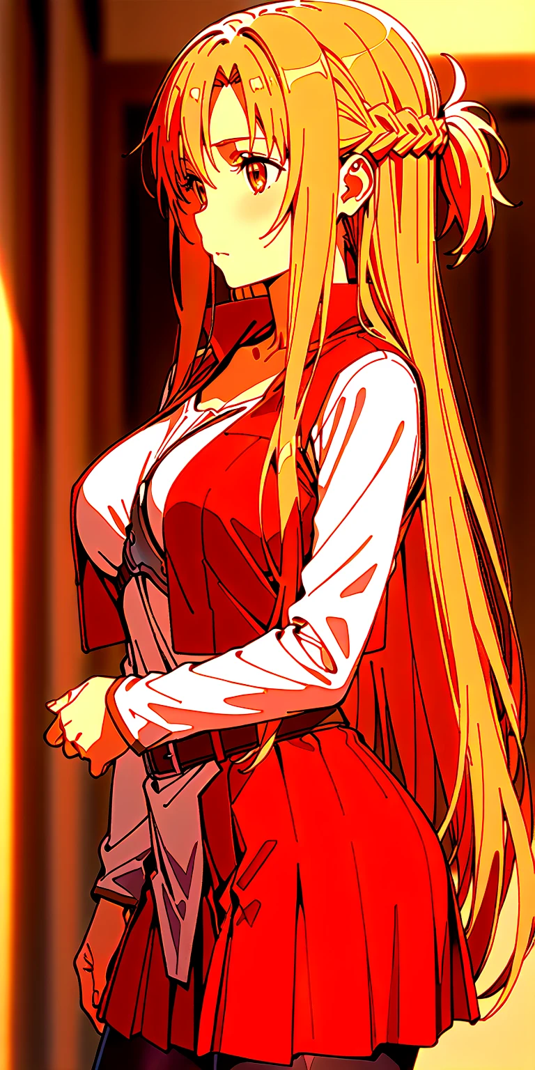 red dress, brown cross-laced footwear, cleavage, clothing cutout, juliet sleeves, white thighhighs, at rooftop background, night futuristic city view, flying car, Satellizer L. Bridget, anime cels style, best quality, high resolution, (huge breasts:1.2), cowboy shot, blush, smiling, blonde hair, long hair, blue eyes, looking at viewer