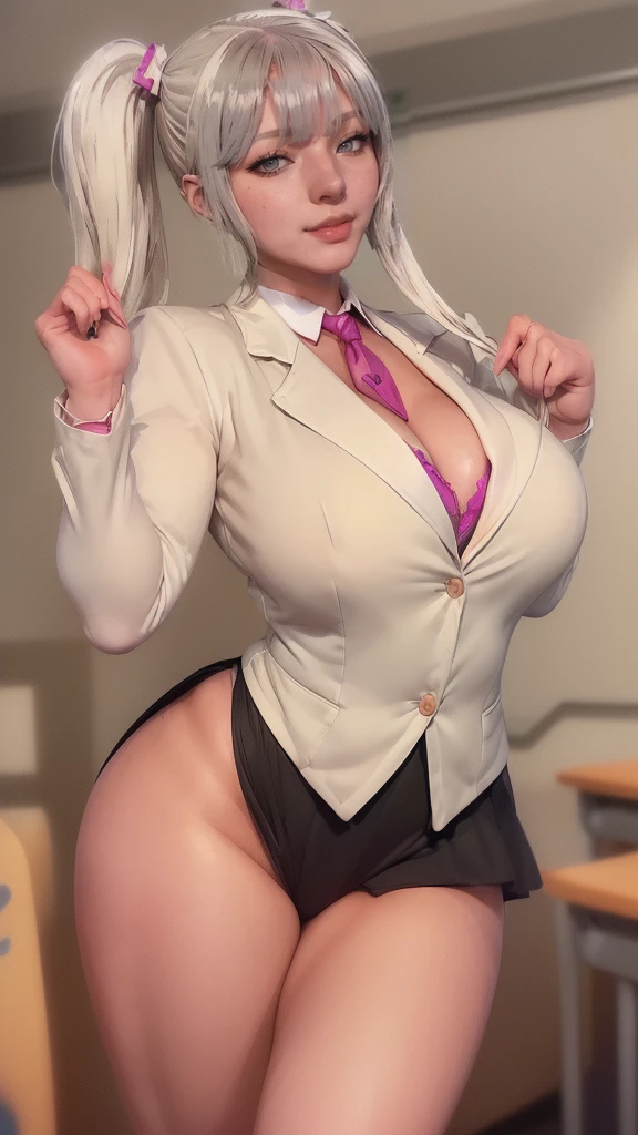 1 girl,((((pointed chest,school swimwear,from below:1.7,cowboy shot,pubic hair,high cut,Black knee-high tights,open legs,cameltoe)))),(((High leg,cameltoe))),(from below:1.7),((highest quality, wonderful,8K, masterpiece :1.3)), (realistic, photorealistic:1.4),(Very fine and beautiful skin),Super detailed,cinematic lighting, detailed light, best shadow, dynamic angle,between the legs:1.5,(((super big breasts))), plump thighs,inside the classroom