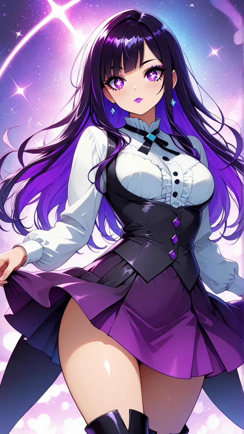 8K, Attractive, intensely detailed, 20 Year Old Girl, sexy and attractive woman with dark, purple curly long hair with colored strands. Messy side bun, bright colored strand in hair, She has beautiful purple eyes with a heart inside. She is dressed in white, revealing v neck tight crop top shirt. Big She is wearing a blue plaid mini skirt. She is in various seductive poses Full body shot head to toe looking at viewer, cleavage