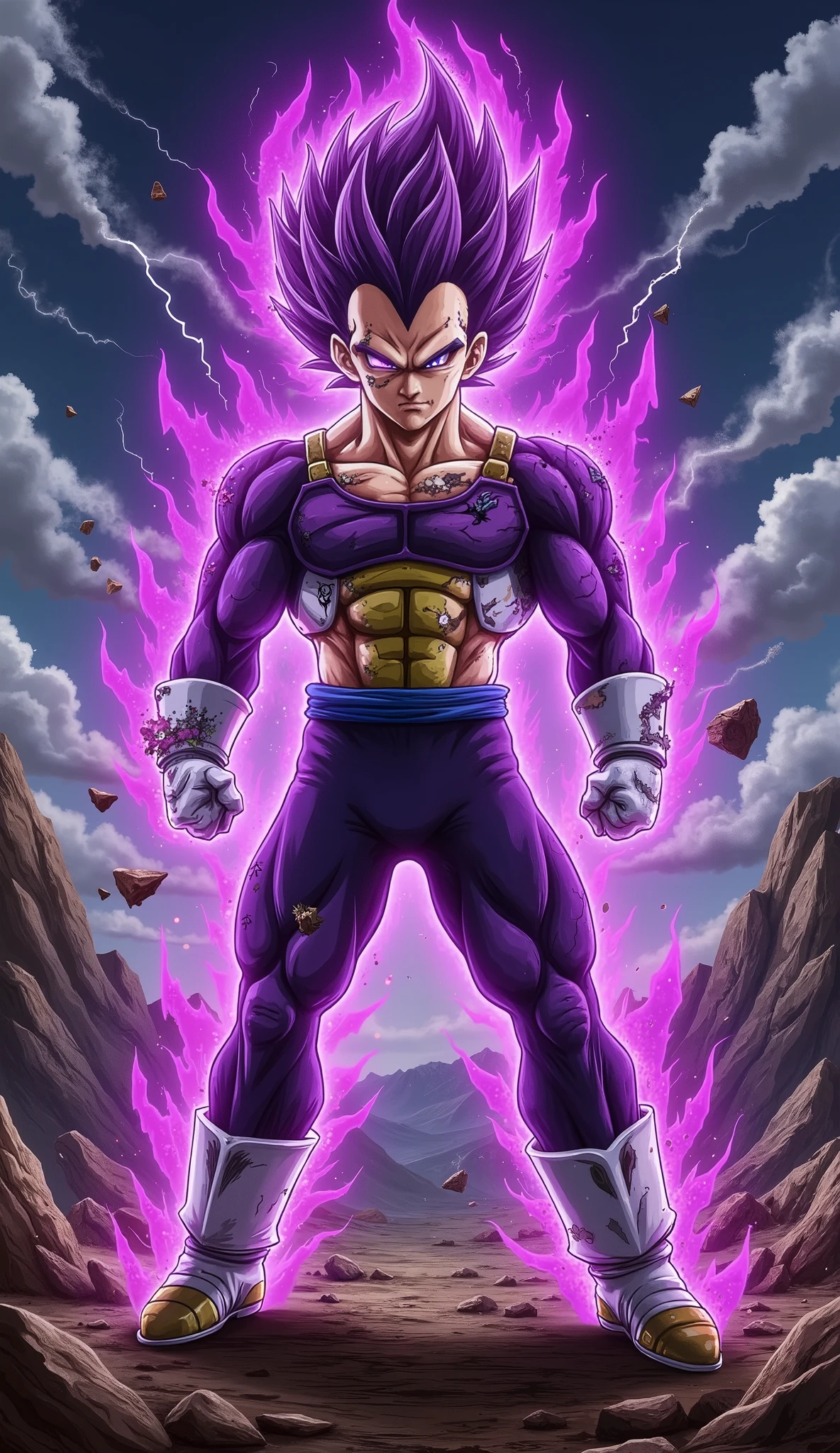 "A powerful Saiyan warrior stands in a dominant and imposing stance on a devastated, rocky battlefield under a dark, stormy sky filled with swirling clouds and crackling lightning. His muscular physique is accentuated by battle-worn Saiyan armor, with a torn, skin-tight purple bodysuit revealing his chiseled chest and abs. His sharp, piercing eyes glow with intense, vengeful rage, and a mysterious dark symbol is engraved on his forehead, signifying his dark transformation. His tall, spiky purple hair radiates electrifying energy, while his entire body is engulfed in a thick, swirling dark purple aura, pulsing with raw power and lightning arcs. Floating debris and shattered rock fragments levitate around him, emphasizing his immense, destructive energy.
Captured from multiple dynamic angles and poses:
Close-up shot: A dramatic focus on his face, highlighting his glowing eyes and intense expression.
Low-angle shot: Looking up at him to emphasize his overwhelming power.
Action pose: One arm extended, charging a powerful energy attack with crackling lightning.
Over-the-shoulder shot: Viewing the destruction around him from his perspective, showcasing the ruined battlefield.
Full-body stance: Standing with arms crossed, his dark aura swirling, and the storm raging behind him.
Side kick pose: Delivering a devastating sideways kick, his muscles flexed, with shockwaves and energy bursts radiating from the impact, cracking the ground beneath him.
Rendered in a highly detailed, cel-shaded anime style inspired by Dragon Ball Z, featuring dramatic lighting, intense contrast, intricate textures, and an action-packed cinematic atmosphere."
