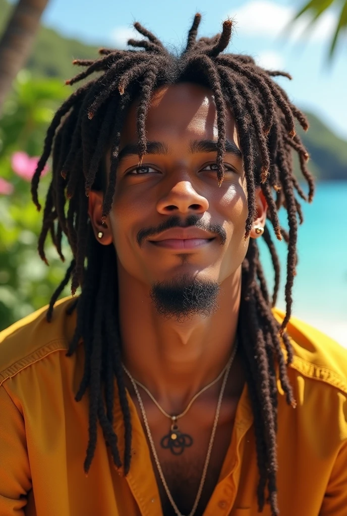 Photorealistic portrait of two young 18-year-old Black man relaxing on a Caribbean beach. He should have a youthful and vibrant appearance, with distinct features reflecting his ethnicity. The setting is a sunny Caribbean beach, capturing the essence of a relaxing atmosphere. The young man should appear comfortable and at ease, with a gentle expression on his face, embodying a sense of peace and contentment. The lighting should be natural, highlighting his features in the bright Caribbean sun.