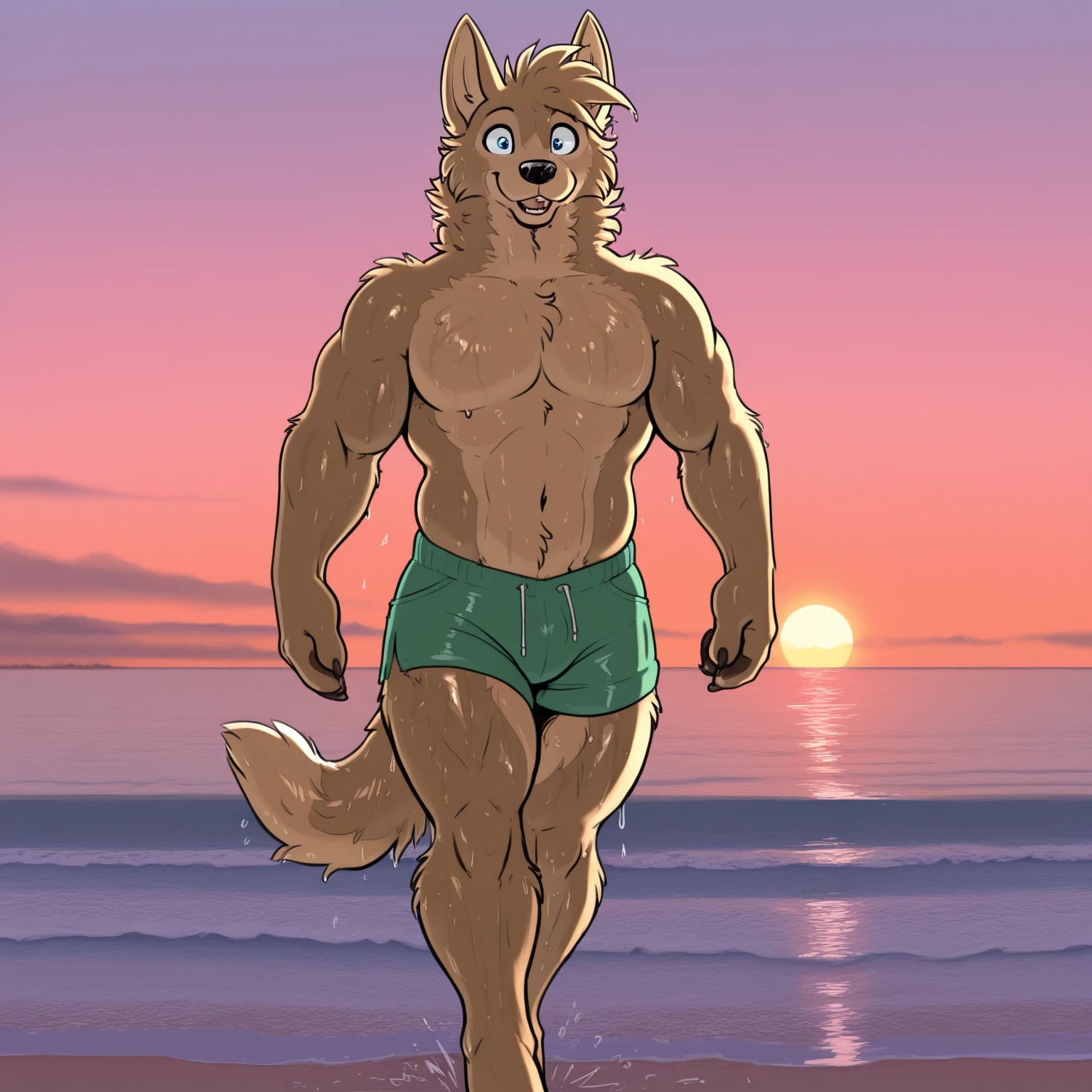 male furry bunny with pink penis, full body, standing on a deserted beach