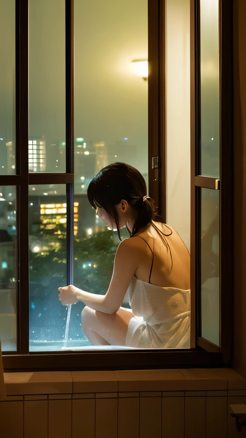 (RAW photo, best quality),(realistic, photo-realistic:1.3),extremely delicate and beautiful,Amazing,finely detail,masterpiece,ultra-detailed,highres,(best illustration),(best shadow),intricate,sharp focus,volumetric fog,8k UHD,DSLR,high quality,(film grain:1.4),Fujifilm XT3,(((dark night:1.4))),dimmly lit,low key,wide shot,BREAK,
dimmly lit room,lamp,items,BREAK,
small windows,It was raining outside the window,and the raindrops fell on the glass of the window,city,street lights,BREAK,
A womanl wearing a see through white shirt,(slim body,bear legs,bear ass:1.2),from side,sitting on the window sill,leaning against window,with one foot raised and stepped on the window sill,one hand covering her mouth,looking out of the window. It was raining outside the window,and the raindrops fell on the glass of the window,