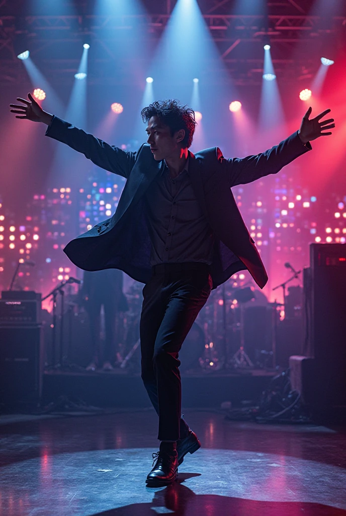 An ethereal photograph that captures an idol singer with a microphone in his hand, in the midst of a dynamic performance on stage. Bathed in a spotlight, Su radiante sonrisa atraviesa la oscuridad mientras bailan, rodeado por un torbellino de gente enloquecida. The energy of the crowd is palpable, his outstretched hands trying to touch the ephemeral magic that this artist embodies. Photography freezes this moment of euphoria, making him immortal.