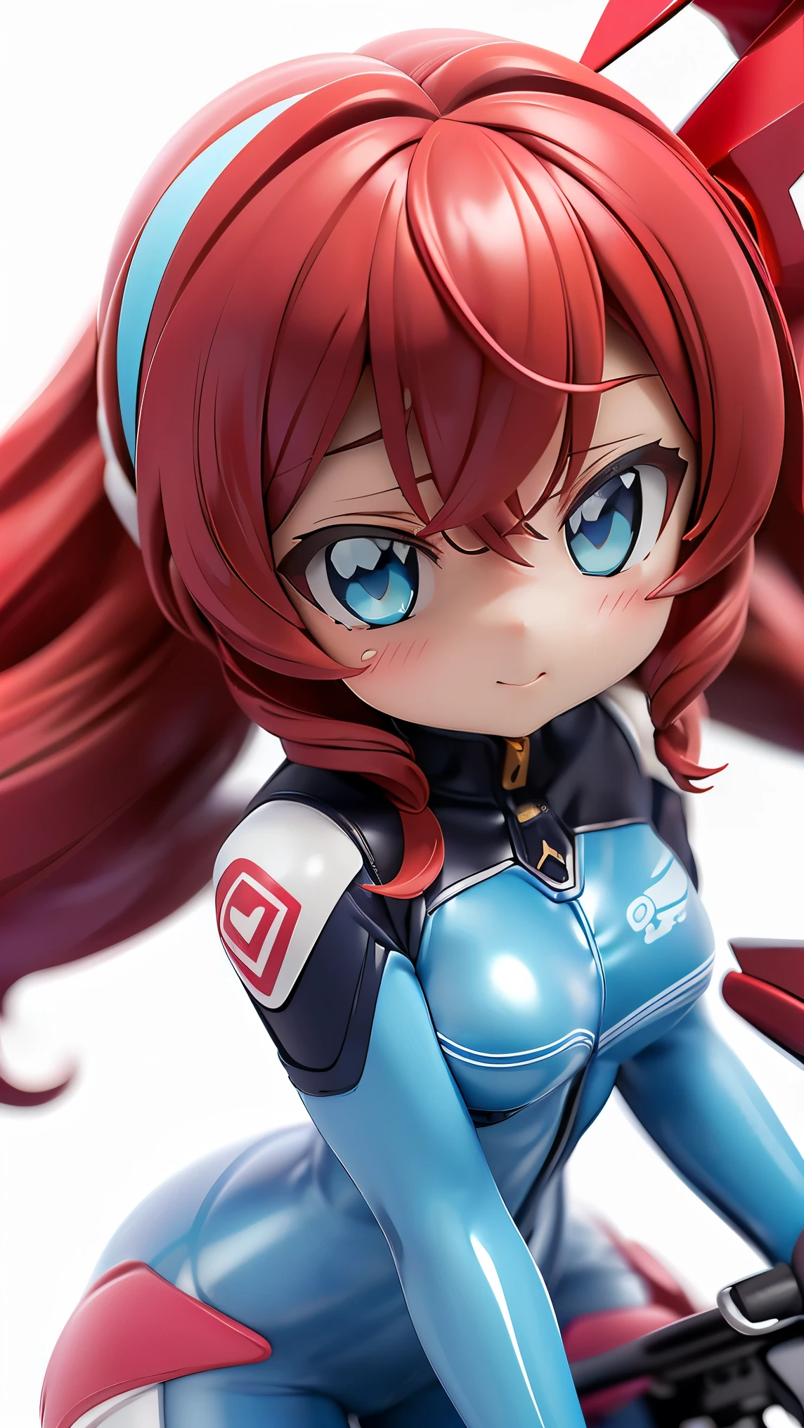 perfect anatomy top quality, highest resolution in elementary school,(((glittering light blue rider suit bodysuit Glittering light blue rider suit around shiny skin Shiny red hair long hair blue eyes))) fighter Bike