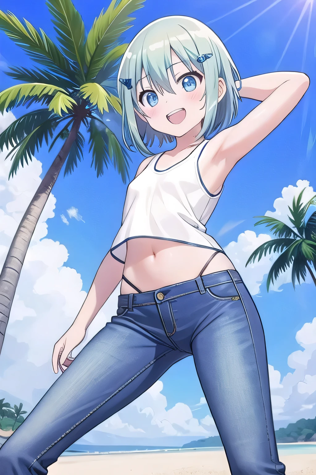 Best image quality,1People Girl,Silver Hair,Shiny Hair,black eye,Shining Eyes,smile,Double teeth,(Sunburn,Bikini Bag),sunflower,stream,Water Play,Wet,Tank top,See-through mini skirt,girl,small,small breasts,Navel Fashion,View from below,