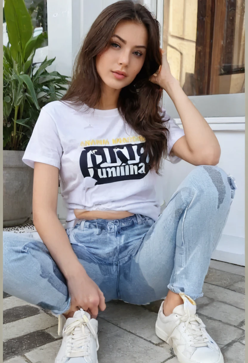 s3l3n4g, white shirt, blue jeans <lora:s3l3n4g:0.9>