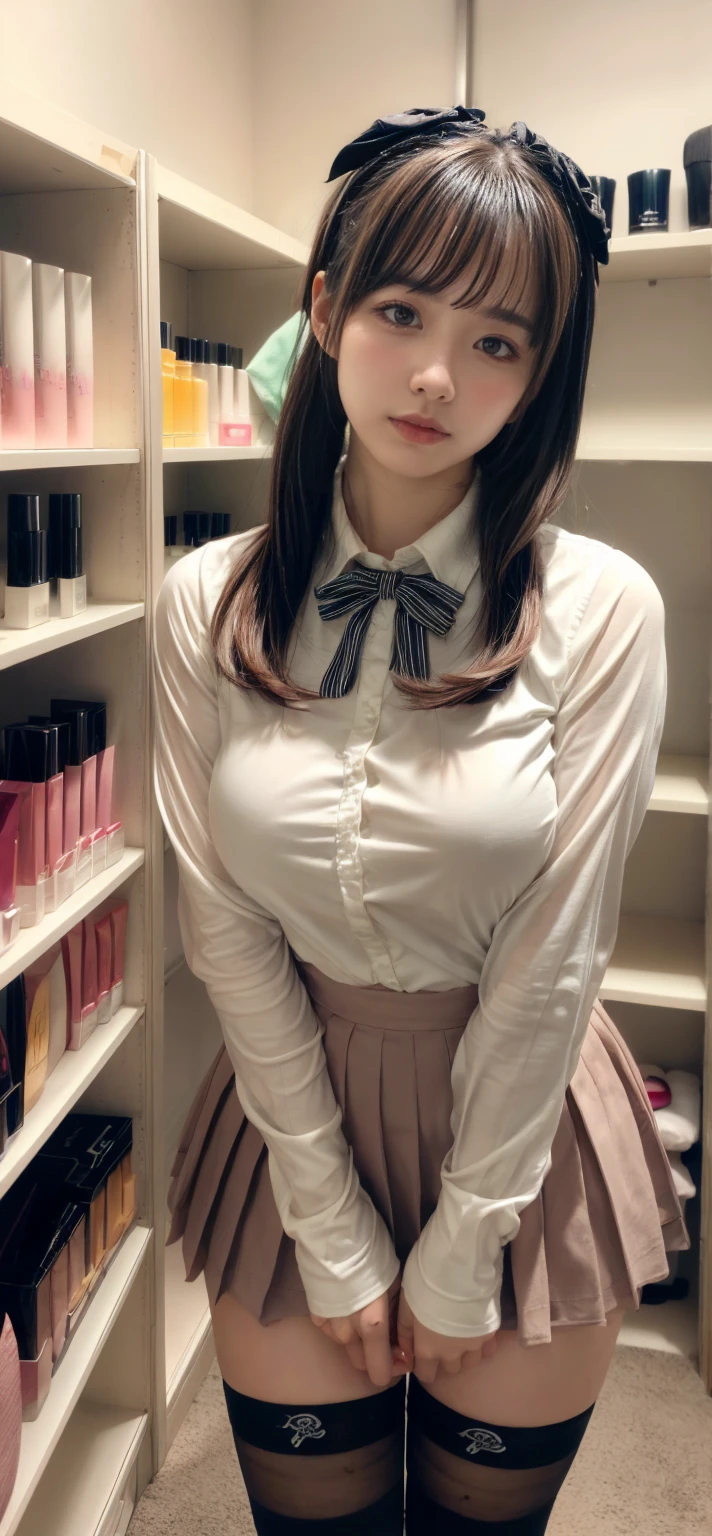 muste piece, best quality, illustration, Super detailed, fine details, High resolution, 8K,wall paper, perfect dynamic composition,(Details High quality, realistic depiction of eyes:1.3), hort hair, (wavy hair:1.2), Hospital Rooms、White nurse cap、White tights、White nurse uniform、to stand、Hand skirt、Flipping up a white skirt, large breasts, black hair color, Big Natural Color Lip, bold sexy pose, crying a little、cold gaze, Harajuku style、20 year old girl、cute type、lolita、beautiful legs, hposing Gravure Idol