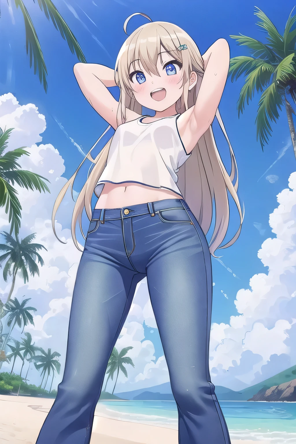 masterpiece, best quality, ultra detail, ((Perfect Face, perfect eyes, perfect hair, perfect arm)), 1girl, 14yo, petite, ((round face, ecstasy, orgasm face, drooping eyes, shame smiling, blush)), dropping eyes, sleepy, Open mouth, ((White teeth)), background((under the beach, (day:1.2), palm tree, bright sky)), miku hatsune, ahoge, aqua eyes, (Beige hair:1.4), crossed bangs, hair between eyes, hair ornament, (long hair:1.4), (straight hair:1.7), ((arms behind head, hands behind head, fingers behind head)), ((contrapposto)), spread armpits, looking at viewer,, (white tank top:1.2), (white crop top:1.2), (jeans pants:1.2, flares jeans:1.2, skinny jeans:1.2, blue jeans:1.2), standing, (legs spread:1.4), sex pose, Sweaty crotch, Steam from the crotch, from below, whole body