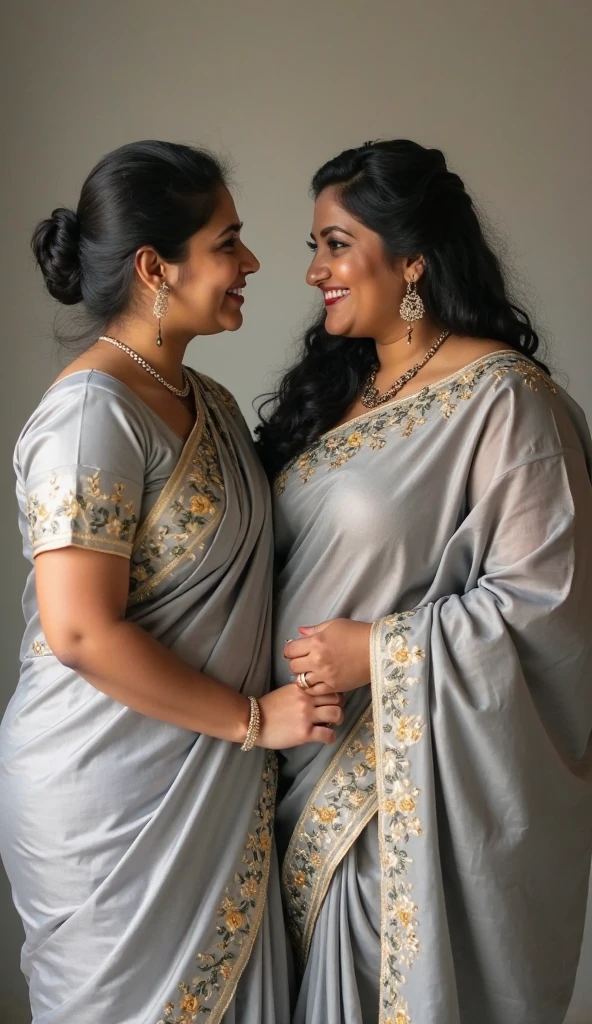 Fat women wearing light blue saree