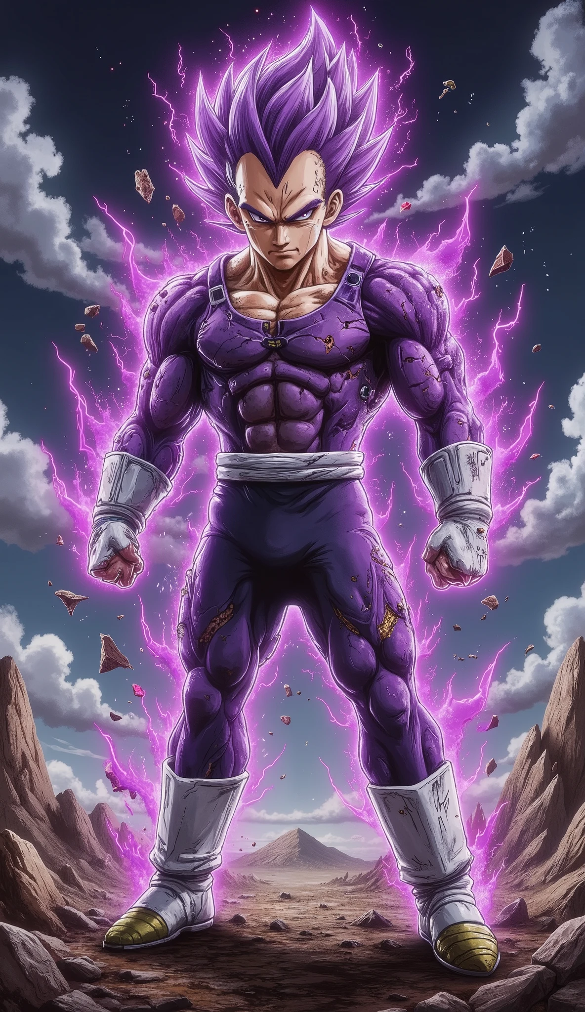 "A powerful Saiyan warrior stands in a dominant and imposing stance on a devastated, rocky battlefield under a dark, stormy sky filled with swirling clouds and crackling lightning. His muscular physique is accentuated by battle-worn Saiyan armor, with a torn, skin-tight purple bodysuit revealing his chiseled chest and abs. His sharp, piercing eyes glow with intense, vengeful rage, and a mysterious dark symbol is engraved on his forehead, signifying his dark transformation. His tall, spiky purple hair radiates electrifying energy, while his entire body is engulfed in a thick, swirling dark purple aura, pulsing with raw power and lightning arcs. Floating debris and shattered rock fragments levitate around him, emphasizing his immense, destructive energy. Captured from multiple dynamic angles and poses: Close-up shot: A dramatic focus on his face, highlighting his glowing eyes and intense expression. Low-angle shot: Looking up at him to emphasize his overwhelming power. Action pose: One arm extended, charging a powerful energy attack with crackling lightning. Over-the-shoulder shot: Viewing the destruction around him from his perspective, showcasing the ruined battlefield. Full-body stance: Standing with arms crossed, his dark aura swirling, and the storm raging behind him. Side kick pose: Delivering a devastating sideways kick, his muscles flexed, with shockwaves and energy bursts radiating from the impact, cracking the ground beneath him. Rendered in a highly detailed, cel-shaded anime style inspired by Dragon Ball Z, featuring dramatic lighting, intense contrast, intricate textures, and an action-packed cinematic atmosphere."