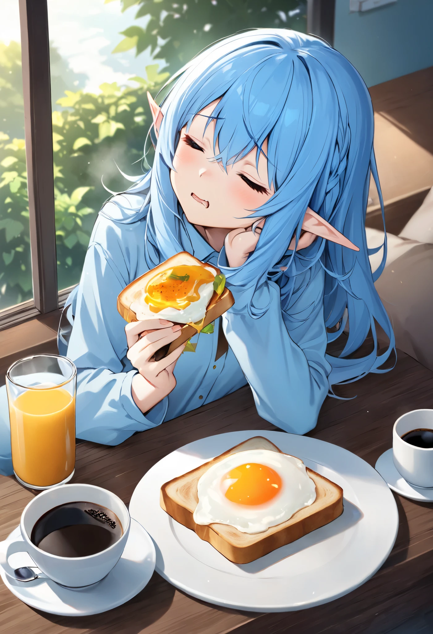 breakfast、an elf girl gnawing at toast、blue hair、Sleeping hair、unkempt hair、a table ni coffee cup is placed、Asahi、Awakening