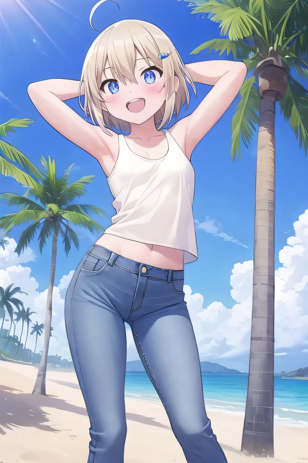 Best image quality,1People Girl,,Shiny Hair,black eye,Shining Eyes,smile,Double teeth,(Sunburn,Bikini Bag),sunflower,stream,Water Play,Wet,Tank top,See-through mini skirt,girl,small,small breasts,Navel Fashion,View from below,A mini skirt that falls to the waist