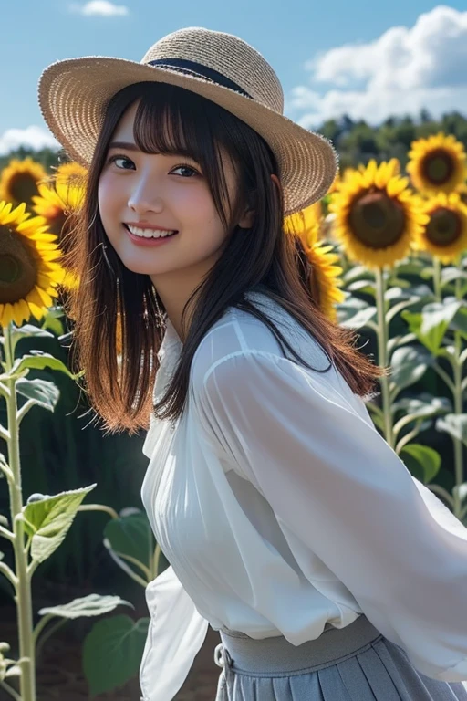 (masterpiece, best quality), outstanding details, ultra-high resolution,
anatomically correct, wide shot, atmospheric perspective,
A cute Japanese woman walking along a stream in the morning forest, 30 years old,
cowboy shot, (holding a sunflower, reaching out),
(Plump), medium breasts,
Happy smile, Mouth slightly open, looking at viewer,
round face, tareme, Downturned Eyes, pupils sparkling, Cute duck mouth, cute small nose, thin lips, thin eyebrows,
brown hair, low ponytail, short hair, swept bangs,
(wearing A white elegant slip summer dress made of a transparent smooth material),
depth of field, exposure high key,
(( morning sunlight, backlighting, The light reflected from below softly illuminates the woman's face)),
cinematic lighting, reflection light, (Total soft lighting, dreamy atmosphere, animated expression) ,