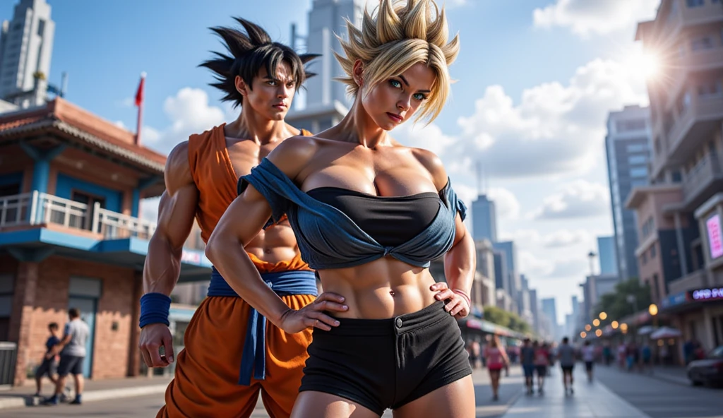 Chun Li with super giant breasts wearing beach clothes and high heels of various colors being kissed and hugged by a man at a beach party