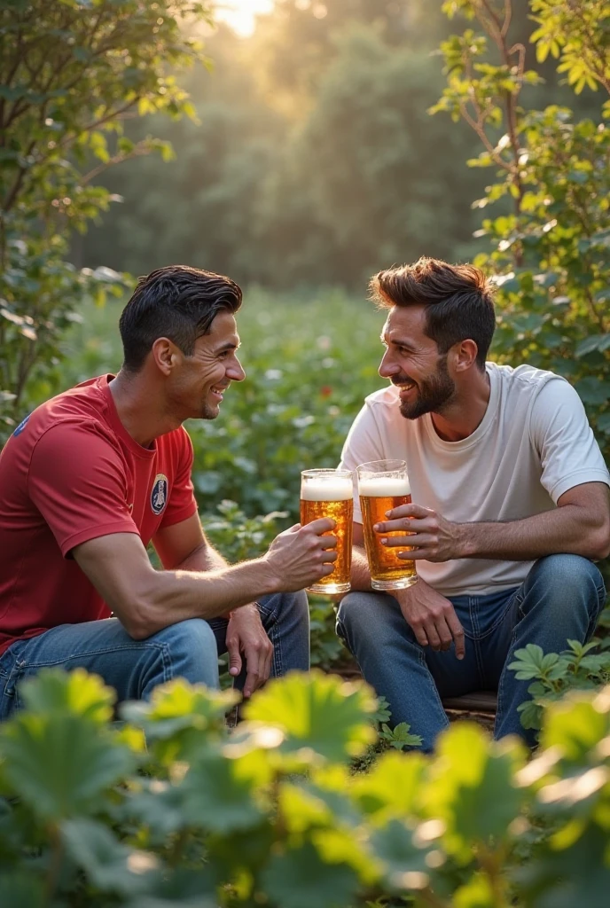 2 young men, one had a beard and the other was not younger, drinking beer, one without a t-shirt and the other with an arraya t-shirt together.In a farm