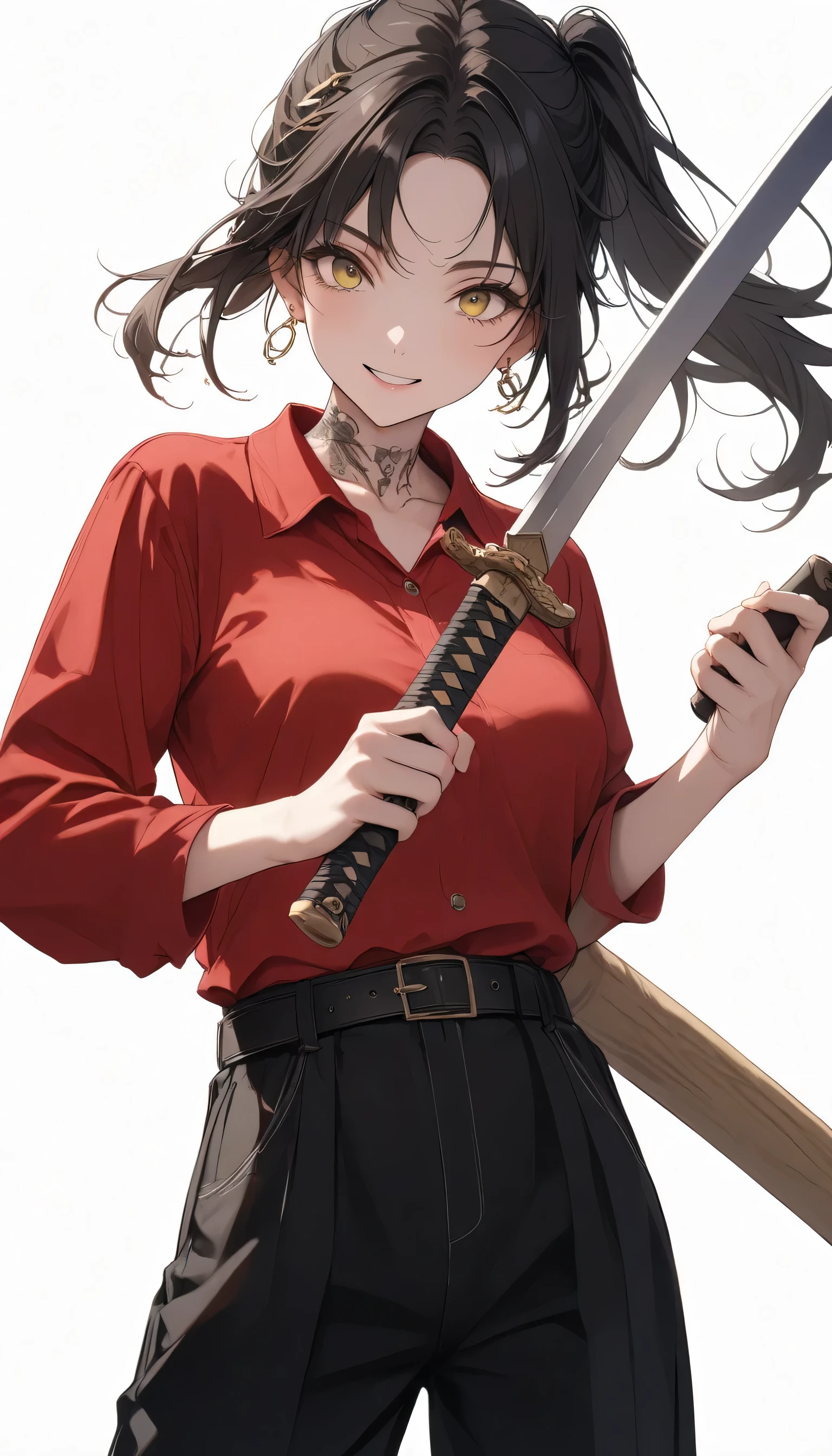 {{ masterpiece、 attention to detail }}、((white background,Head-up lens、 cowboy shooting、 Look at me))、 woman 、 aldult 、 Smile(dark hair, grey underwear、broom bangs 、( half up)、 Medium-length hair )、 yellow pantyhose 、healthy、Modern fashion、Hairpin、 red shirt、 belt 、 black pants、earrings、( small tattoo on the neck)、 handheld weapon, the sword you hold tight 、Aim at the sword Viewer
