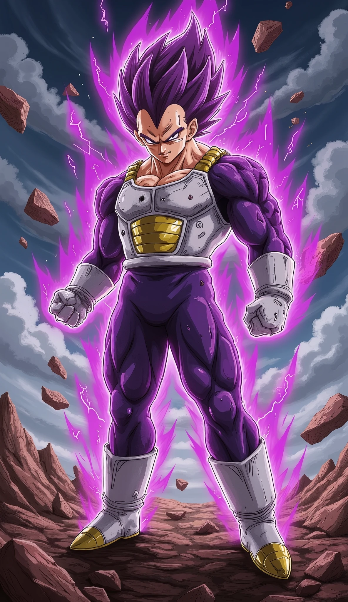 "A powerful Saiyan warrior stands in a dominant and imposing stance on a devastated, rocky battlefield under a dark, stormy sky filled with swirling clouds and crackling lightning. His muscular physique is accentuated by battle-worn Saiyan armor, with a torn, skin-tight purple bodysuit revealing his chiseled chest and abs. His sharp, piercing eyes glow with intense, vengeful rage, and a mysterious dark symbol is engraved on his forehead, signifying his dark transformation. His tall, spiky purple hair radiates electrifying energy, while his entire body is engulfed in a thick, swirling dark purple aura, pulsing with raw power and lightning arcs. Floating debris and shattered rock fragments levitate around him, emphasizing his immense, destructive energy. Captured from multiple dynamic angles and poses: Close-up shot: A dramatic focus on his face, highlighting his glowing eyes and intense expression. Low-angle shot: Looking up at him to emphasize his overwhelming power. Action pose: One arm extended, charging a powerful energy attack with crackling lightning. Over-the-shoulder shot: Viewing the destruction around him from his perspective, showcasing the ruined battlefield. Full-body stance: Standing with arms crossed, his dark aura swirling, and the storm raging behind him. Side kick pose: Delivering a devastating sideways kick, his muscles flexed, with shockwaves and energy bursts radiating from the impact, cracking the ground beneath him. Rendered in a highly detailed, cel-shaded anime style inspired by Dragon Ball Z, featuring dramatic lighting, intense contrast, intricate textures, and an action-packed cinematic atmosphere."