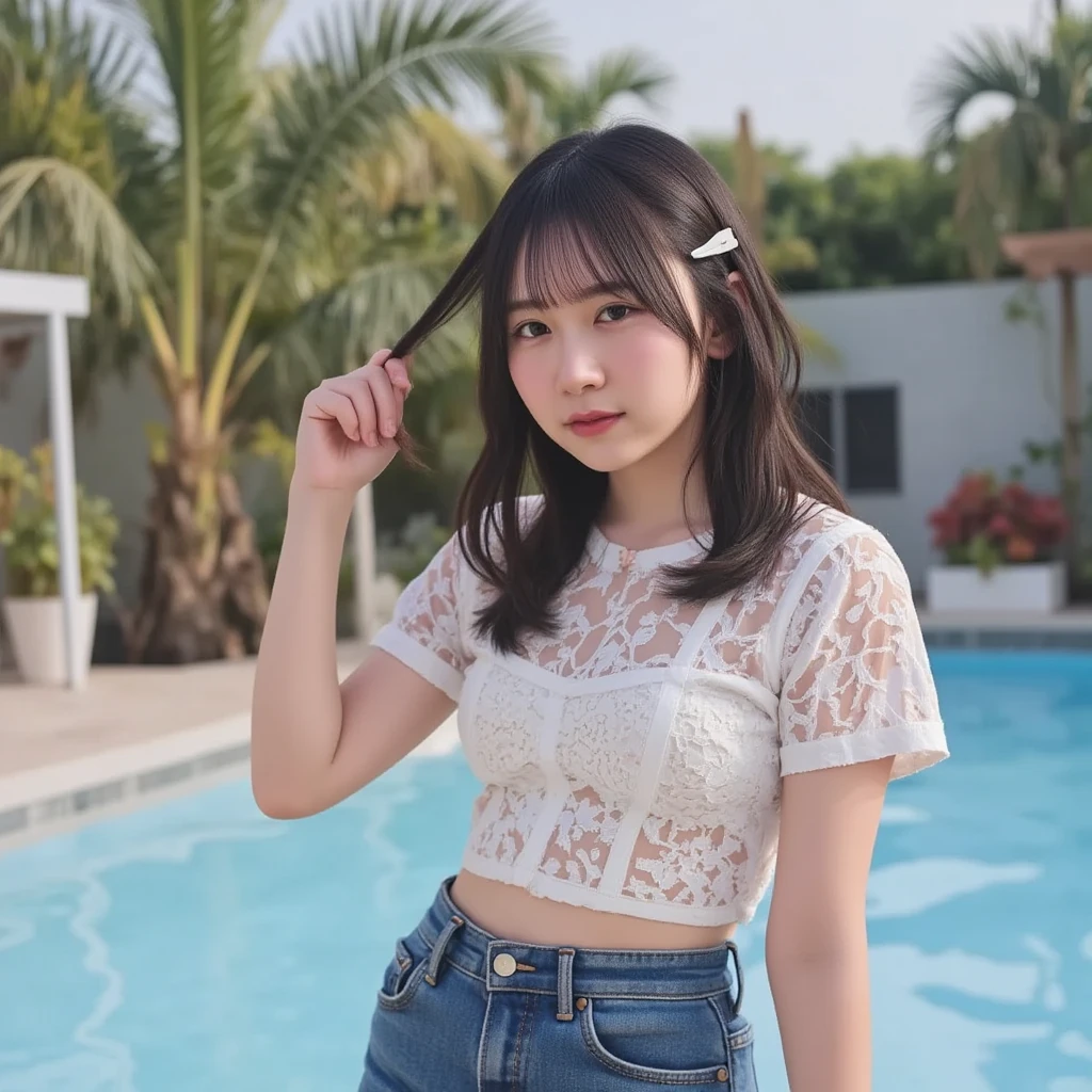 Highest quality, 8K, 11 years old、Fluffy long hair、Tank top、mini skirt、smile、sea,