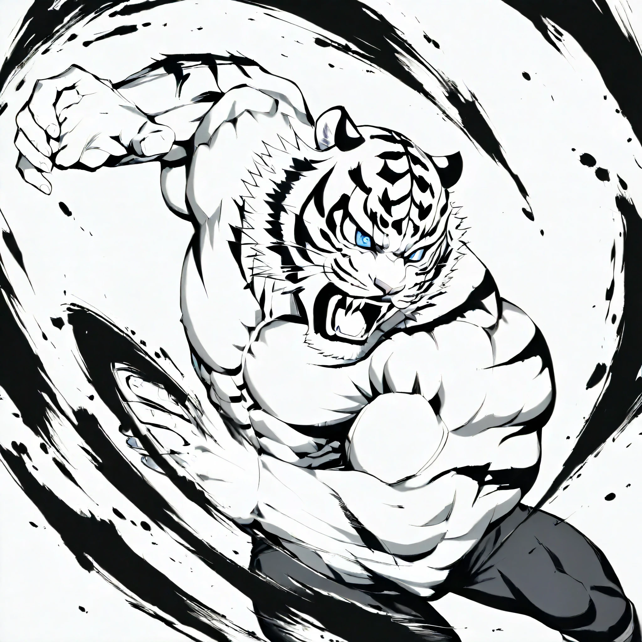  ,lineart, monochrome,。Rotating the body.battle,tigar mask、tiger man,1boy  ,solo、,cowboy shot,action ,
blue eyes , Open mouth, fangs,,Dynamic composition, active angles.
 , Muscular,
ArsMJStyle, Zen Ink Wash Sumi-e,
、。。black Sports tights、hand、