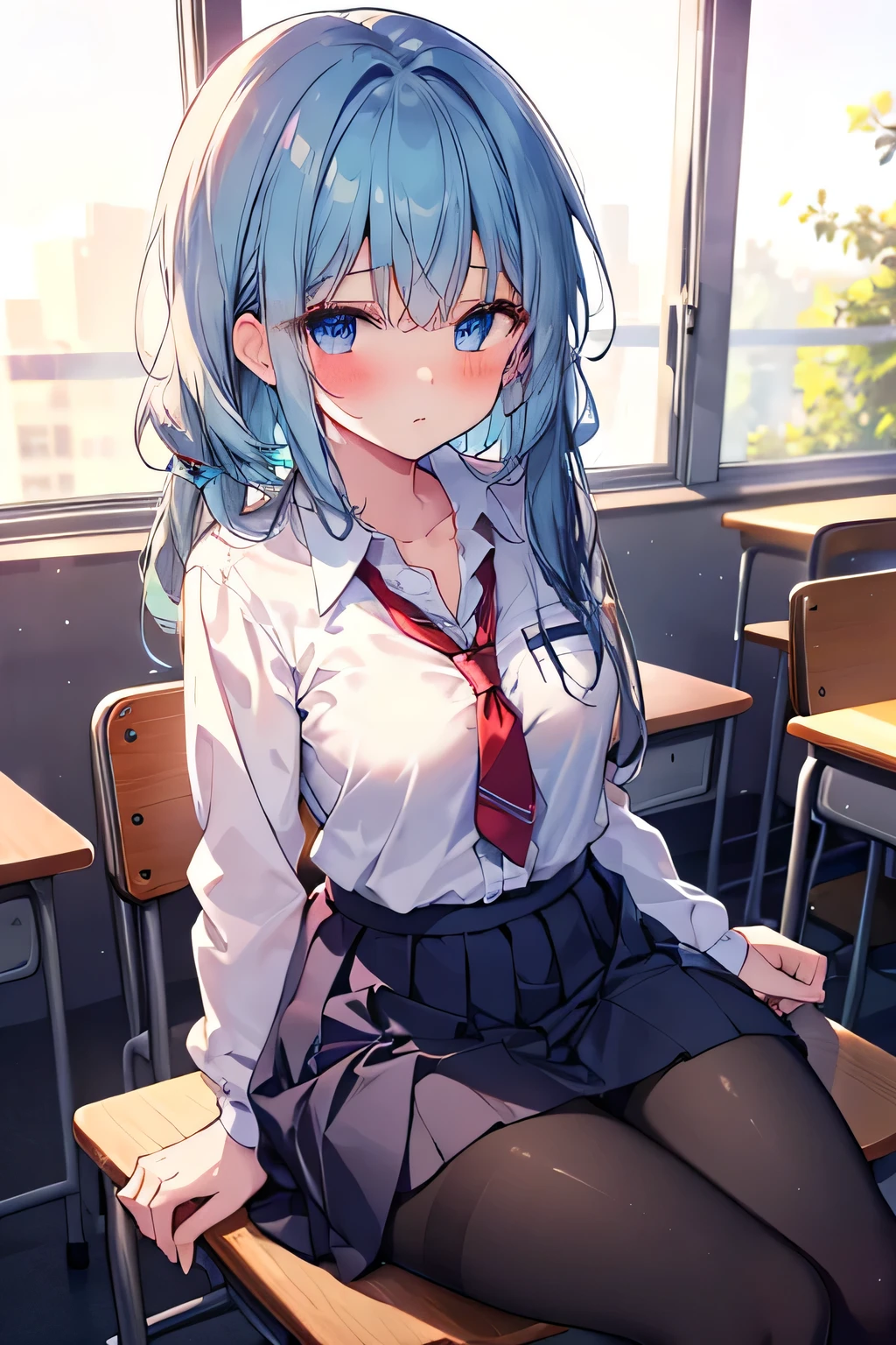 Blue haired girl, blue eyes, sitting on a chair, crossing her legs, school background, school background(classroom), complete anatomy, school uniform, tie, shirt, skirt, pantyhose, blush, first person, Charm, underwear, great body.