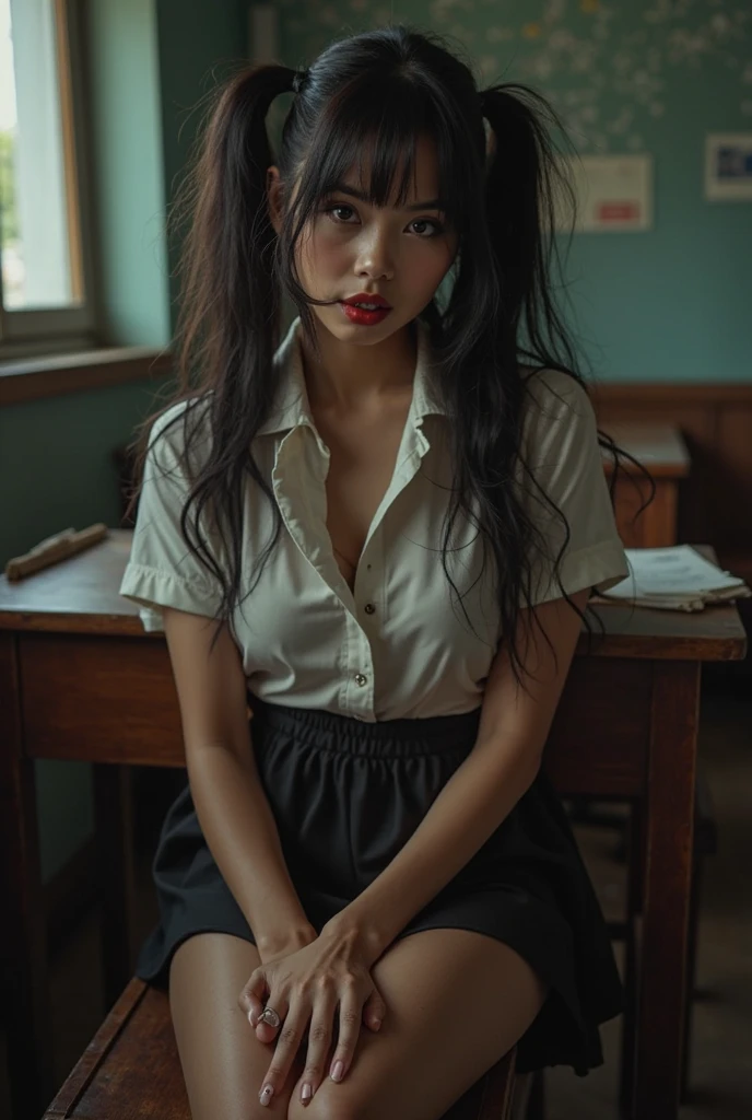 (Ultra-realistic), (number), (high resolution), (8K), (Very detailed), (Best number), (Exquisite and detailed), (best quality), (Very detailed), (masterpiece), (wallpaper), (Delicate face), Solitary, A girl, Viewers, Cafe staff、(high resolution),(high resolution),(high resolution),(8K), A girl, School__Transparent miniskirt black_Knee socks、in high school classroom,  Spread your legs, Shirts lift, Show your breasts, Spread your legs, squat, No underwear，Scandalous clothing，front，，Leakage，Realism，nude，can see，Open thighs，Exposing nipples，Standing，don&#39;t want上衣，don&#39;t want