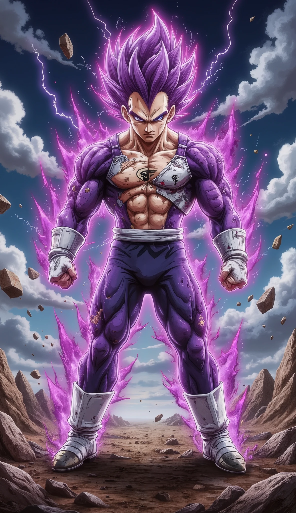 "A powerful Saiyan warrior stands in a dominant and imposing stance on a devastated, rocky battlefield under a dark, stormy sky filled with swirling clouds and crackling lightning. His muscular physique is accentuated by battle-worn Saiyan armor, with a torn, skin-tight purple bodysuit revealing his chiseled chest and abs. His sharp, piercing eyes glow with intense, vengeful rage, and a mysterious dark symbol is engraved on his forehead, signifying his dark transformation. His tall, spiky purple hair radiates electrifying energy, while his entire body is engulfed in a thick, swirling dark purple aura, pulsing with raw power and lightning arcs. Floating debris and shattered rock fragments levitate around him, emphasizing his immense, destructive energy. Captured from multiple dynamic angles and poses: Close-up shot: A dramatic focus on his face, highlighting his glowing eyes and intense expression. Low-angle shot: Looking up at him to emphasize his overwhelming power. Action pose: One arm extended, charging a powerful energy attack with crackling lightning. Over-the-shoulder shot: Viewing the destruction around him from his perspective, showcasing the ruined battlefield. Full-body stance: Standing with arms crossed, his dark aura swirling, and the storm raging behind him. Side kick pose: Delivering a devastating sideways kick, his muscles flexed, with shockwaves and energy bursts radiating from the impact, cracking the ground beneath him. Rendered in a highly detailed, cel-shaded anime style inspired by Dragon Ball Z, featuring dramatic lighting, intense contrast, intricate textures, and an action-packed cinematic atmosphere."