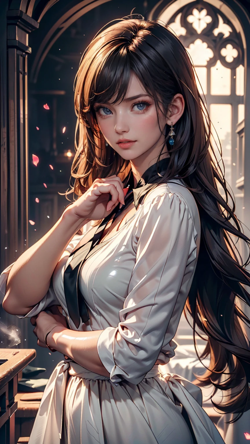 cute, ultra-detailed, figure, Complex, detailed, extremely detailed, detailed face, Soft Lighting, Soft Light, Soft Focus, Perfect Face, beautiful, Accurate anatomy, Exposure, 8k, 4K, (High resolution:1.1), Highest quality, (masterpiece:1.3), One girl, alone, jewelry, Brown eyes, View your viewers, Earrings, Grey Hair, bangs, choker, Mouth closed, Portraiture, clock, hair ornaments, Simple Background, Gray background, Long Hair, Headrest, lips, hair bow, black choker, bow, eyelash