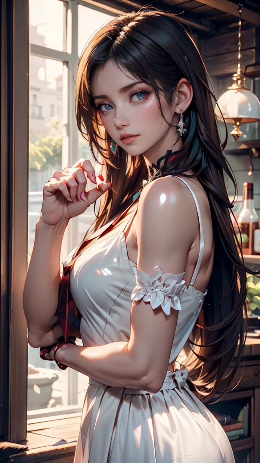 24-year-old female、Red hair、long hair、blue eyes、Two Side Up((hair two side up))、Off-the-shoulder tops、I can see my belly button、Low-rise miniskirt、Lace-up sandals、Lace-embellished choker、Xin Haicheng、「Your Name。」、Located in Yotsuya, Tokyo「Suga Shrine」、The view when looking back from the top of the stairs