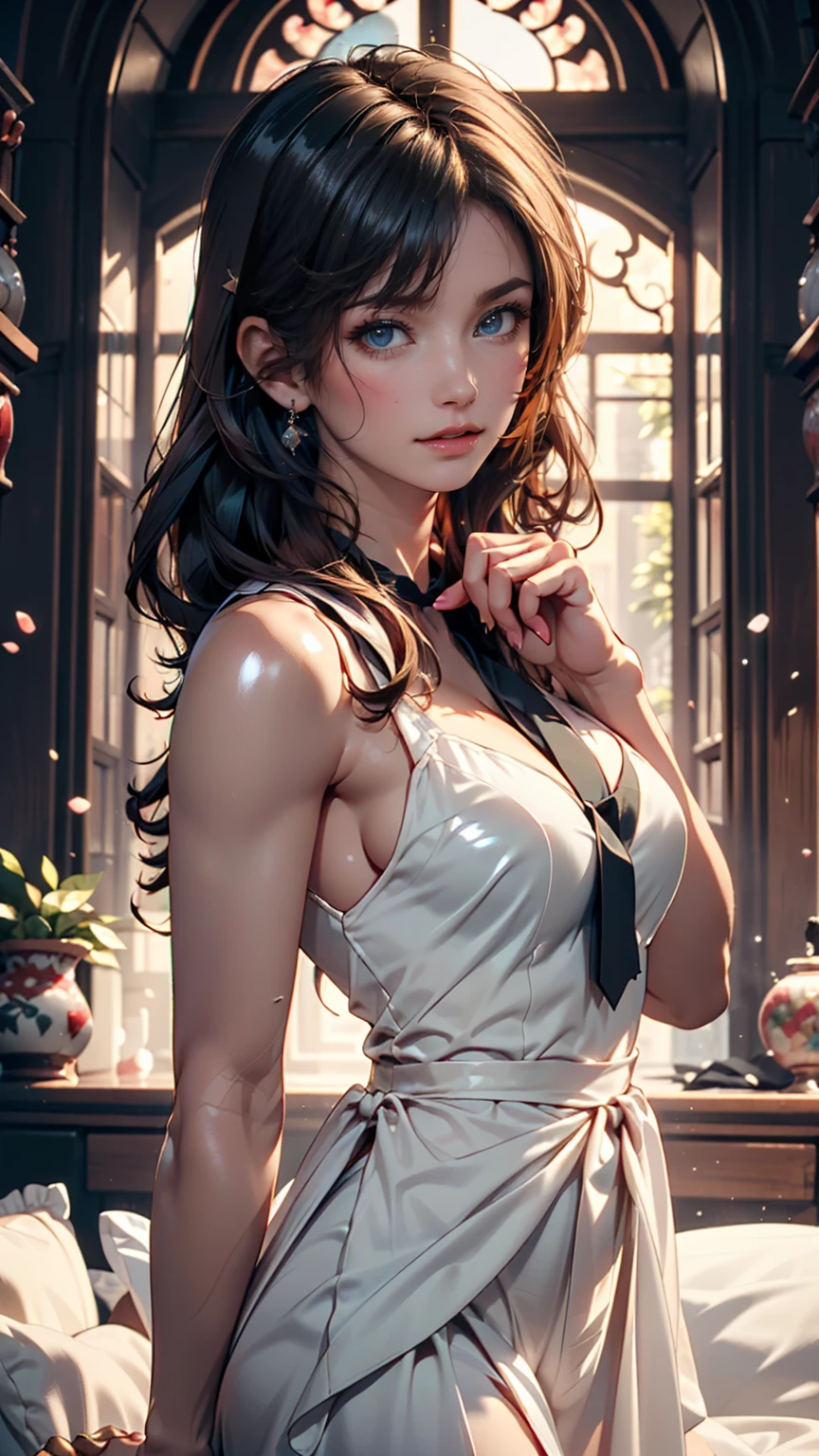 A masterpiece portrait of a smiling Misato Katsuragi (Evangelion), Evangelion (Hideaki), Caustics, High resolution illustrations, black eye, feminine, No students, Blue Hair,  long hair, Black Bodycon, paint Splashs, Shaded flat illustration, Digital Art, Trending on Art Station, Very detailed, The finer details, Complex, Splash, Overtake, Vaporware, Neon color