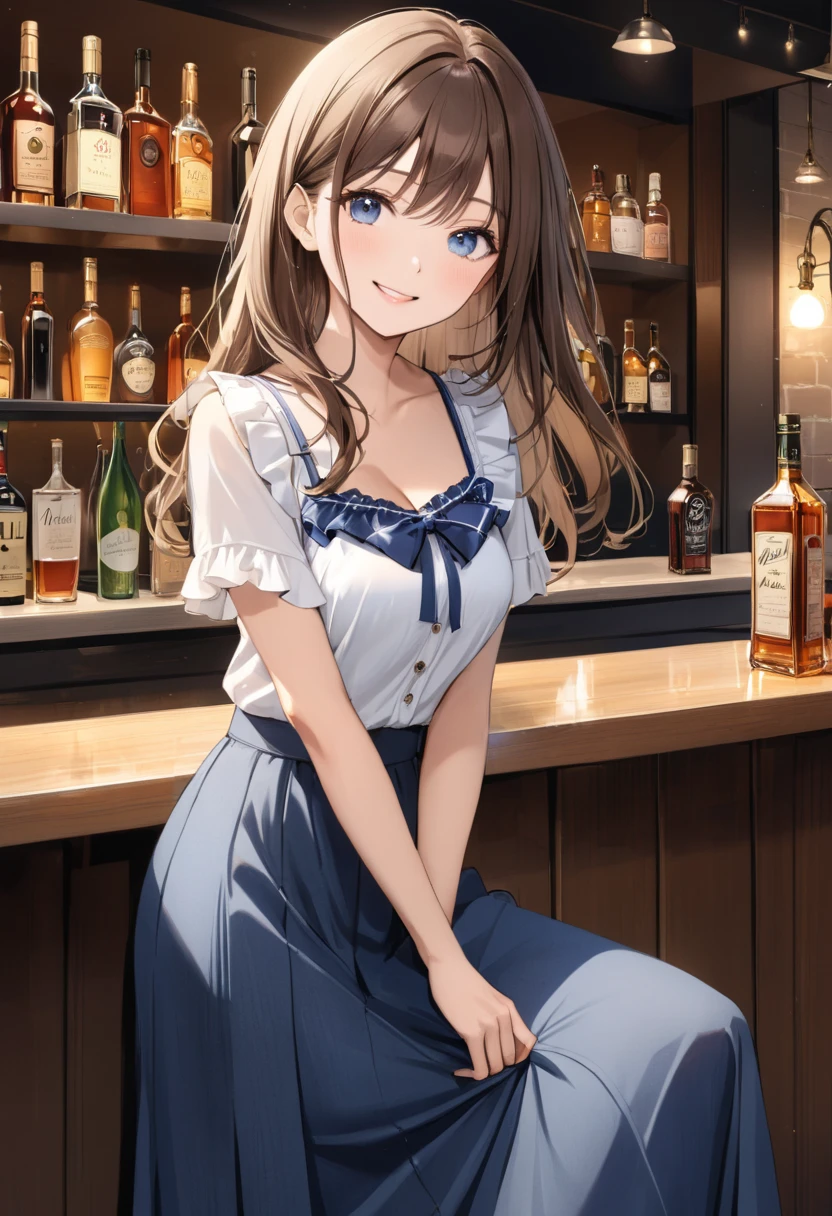(masterpiece:1.2, highest quality), beautiful illustrations, (natural side lighting, movie lighting),
beautiful hair, beautiful face, detailed and beautiful eyes, beautiful clavicle, beautiful body, beautiful breasts, beautiful thighs, beautiful feet, beautiful fingers, hold ,
looking at the viewer, 1 girl, high school girl, (perfect anatomy, anatomically correct, super detailed skin), cute symmetrical face, baby face, perfect face, perfect eyes,
(long hair, straight hair, dark blonde hair), bangs, dark blue eyes, big eyes, (large breasts 1.9, seductive thighs), perfect body, greaming skin, slender,
(white collared shirt), short sleeves, (tied shirt:1.1), (navel:1.1), ( plaid skirt:1.4),break , cleavage, from below,
(beautiful scenery), evening, (night bar:1.2), break (lovely smile, parted lips), press breasts together, orgasming face