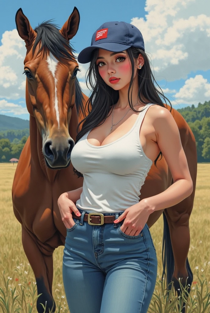 pretty Asian woman standing next to a black stallion in a field, horse with black hair, topless with denim pants, smiling, black hair in two braids, black eyes, tall, slender body, with round breasts and large nipples