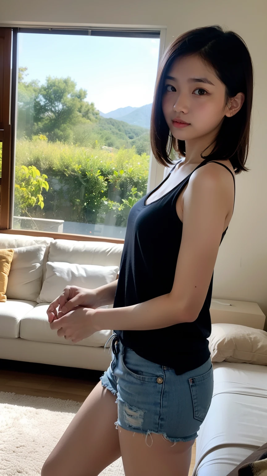 Young white Indonesian girl with black hair, standing, wearing a tank top, in the living room.
