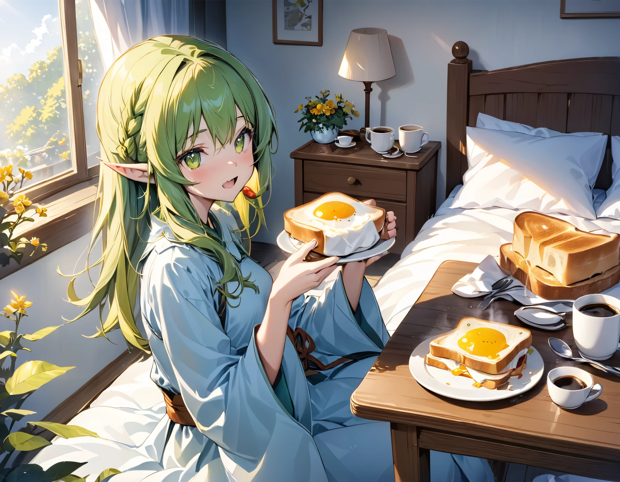 breakfast、an elf girl gnawing at toast、 yellow-green hair、Bed-headed hair、unkempt hair、a table ni coffee cup is placed、Asahi、Awakening