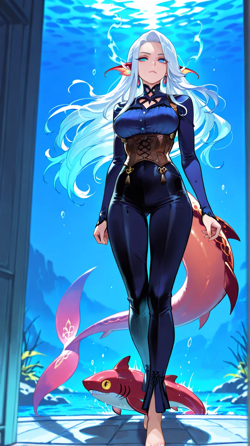best qualityer,tmasterpiece,Ultimate resolution,downy,Extremely colorful,Colorful,Mermaid princess,cabellos largos dorados,a matural female,blue bikini,The kinky is exposed,The barefoot,the ocean,blue skinsuit,Normal body proportions,Normal posture