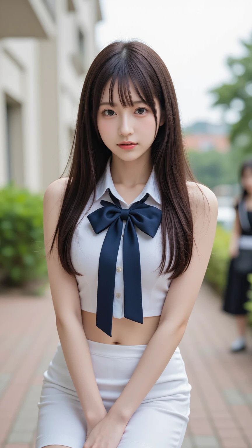 high school girl、Knees raised and legs wide apart、sitting on a park bench、Navy blue uniform、A big red ribbon on the chest、mini skirt、No underwear、No bra、Long black hair、ponytail、Big Breasts、Moist eyes、Embarrassed expression、Droopy eyes、White knee-high socks、Baby Face、Plump Cheeks、White blouse wet in the rain、Pink nipples、genital、Masturbation