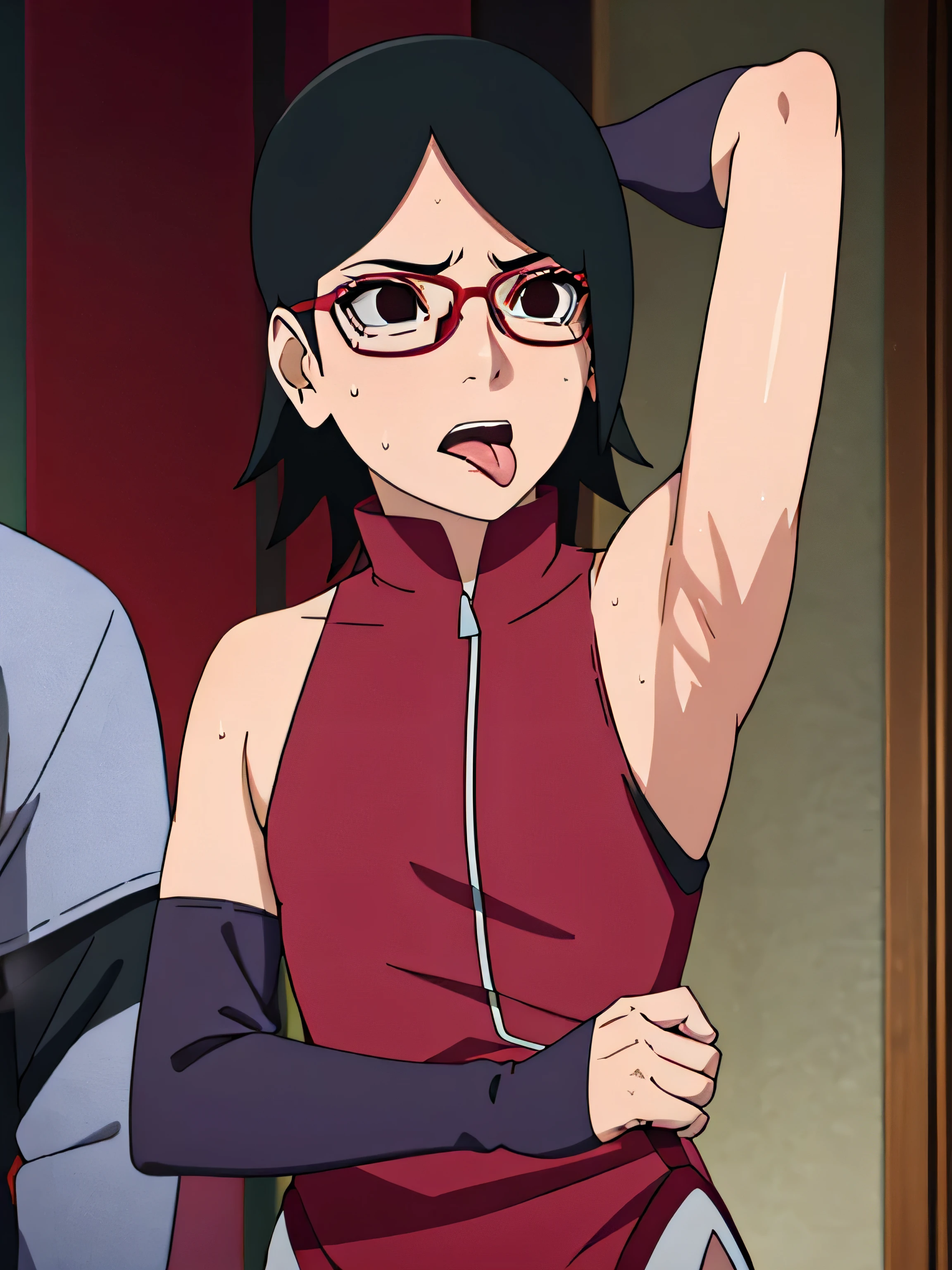 Sarada Uchiha,human woman with fair skin. She is a r with black eyes and red clothing. Her hair is black in color; She is beautiful.Wearing red rimmed glasses.Tsundere face. Pink eye shading,mature appearance,armpits,sweat,sweaty,sweaty armpits,arms up,showing armpits,awesome armpits,outfit,blackish red arm warmers,maroon arm bands,maroon arm warmers,showing tongue,tongue out