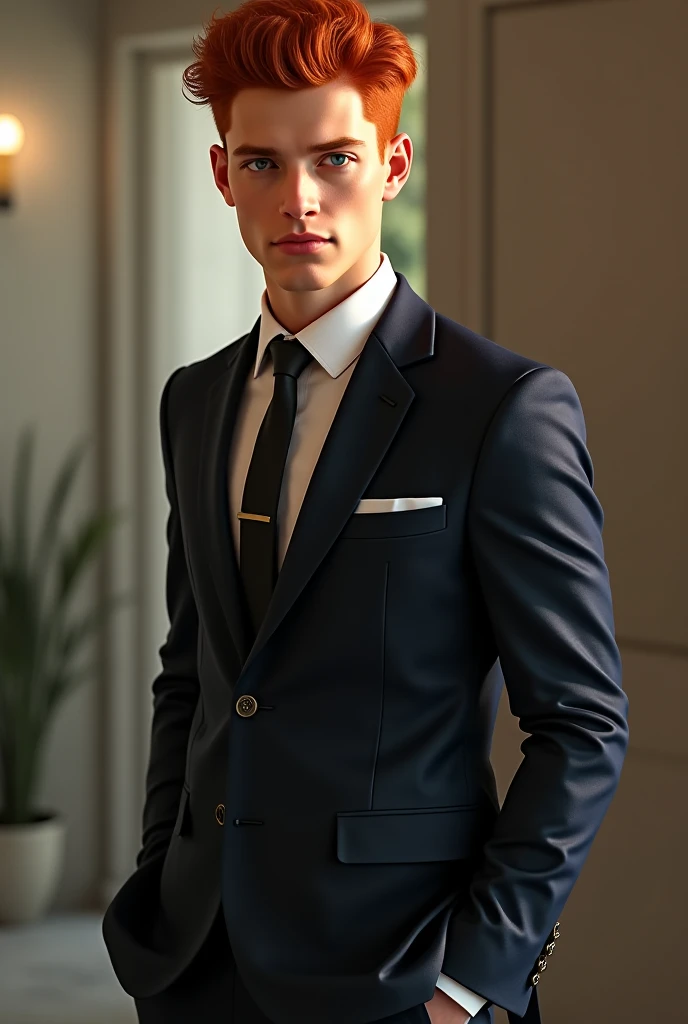 extremely high quality RAW, masterpiece, handsome young man, business suit, smiling, splendid oak desk, sitting on luxuous chair, in a study