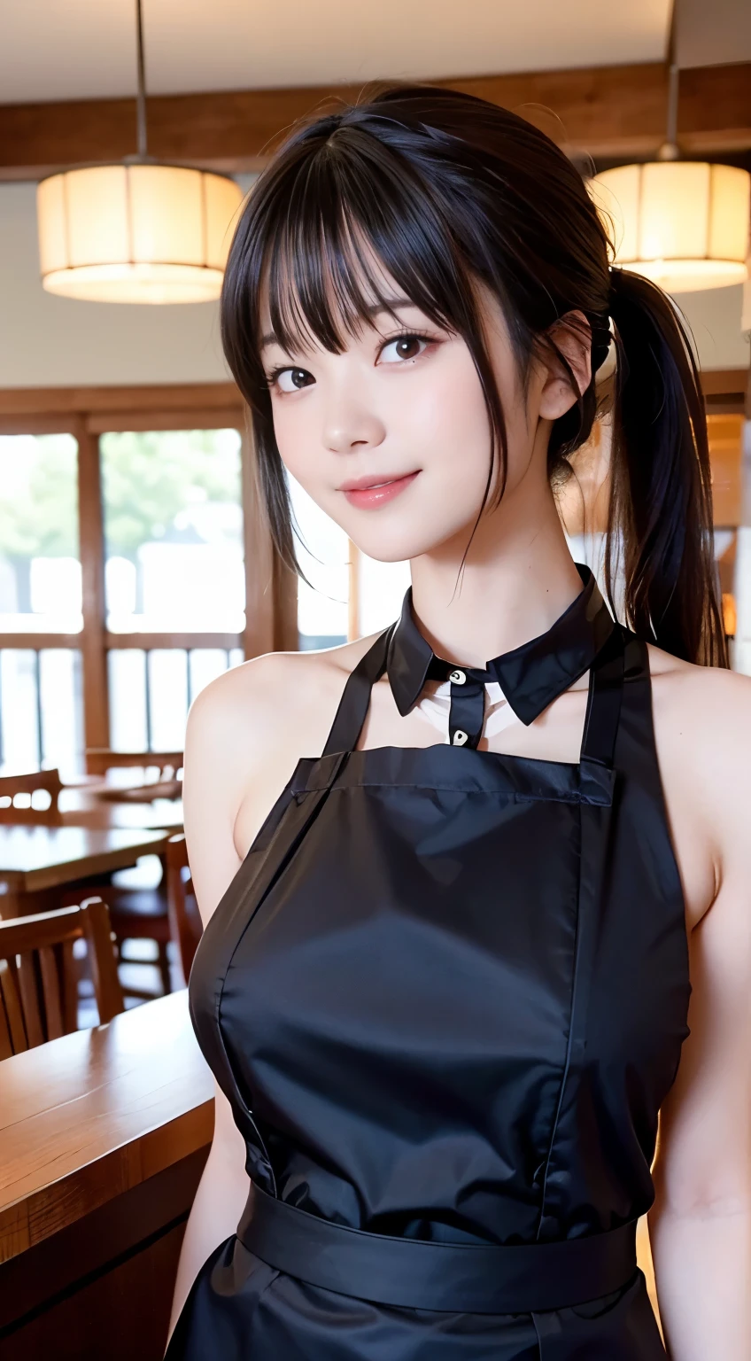 (highest quality,masterpiece:1.3,Ultra-high resolution,),(Very detailed,Caustics),(Photorealistic:1.4,RAW shooting,)Ultra-Realistic Capture,Very detailed,High resolution 16K human skin closeup。 Natural skin texture、,Pores、、、、It must be detailed enough to be easily identifiable。 Skin tone is even and healthy looking。 Use natural light and color,restaurant,Waitress Uniform,1 girl,Japanese,18-year-old,cute,Black-haired,ponytail,Big Breasts,smile,Turn your body forward,(Front view:1.1),Looking at the camera,Cowboy Shot,