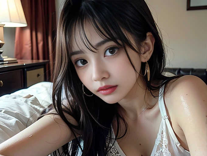 masterpiece、beste-Qualit、realisitic、(A hyper-realistic), (illustratio), (hight resolution), (8K), (extremely hyperdetailed), (The best illustrations), (beautiful detailed eyes), (beste-Qualit), (ultra-detailliert), (masterpiece), (wall-paper), (details face), a bed、Upper body close-up,Armpit, Angel Lip,Plump,独奏,(Wearing a silk plunged open shirt:1.5), full of sweat, japanes, large full breasts, (camel's toe)、gigantic-breast、Luxury living room、Detailed white teeth、ultimate beauty girl、No bra、(Thick necklace of gold)、perfect teeth、Brown hair、Light makeup、Navel、