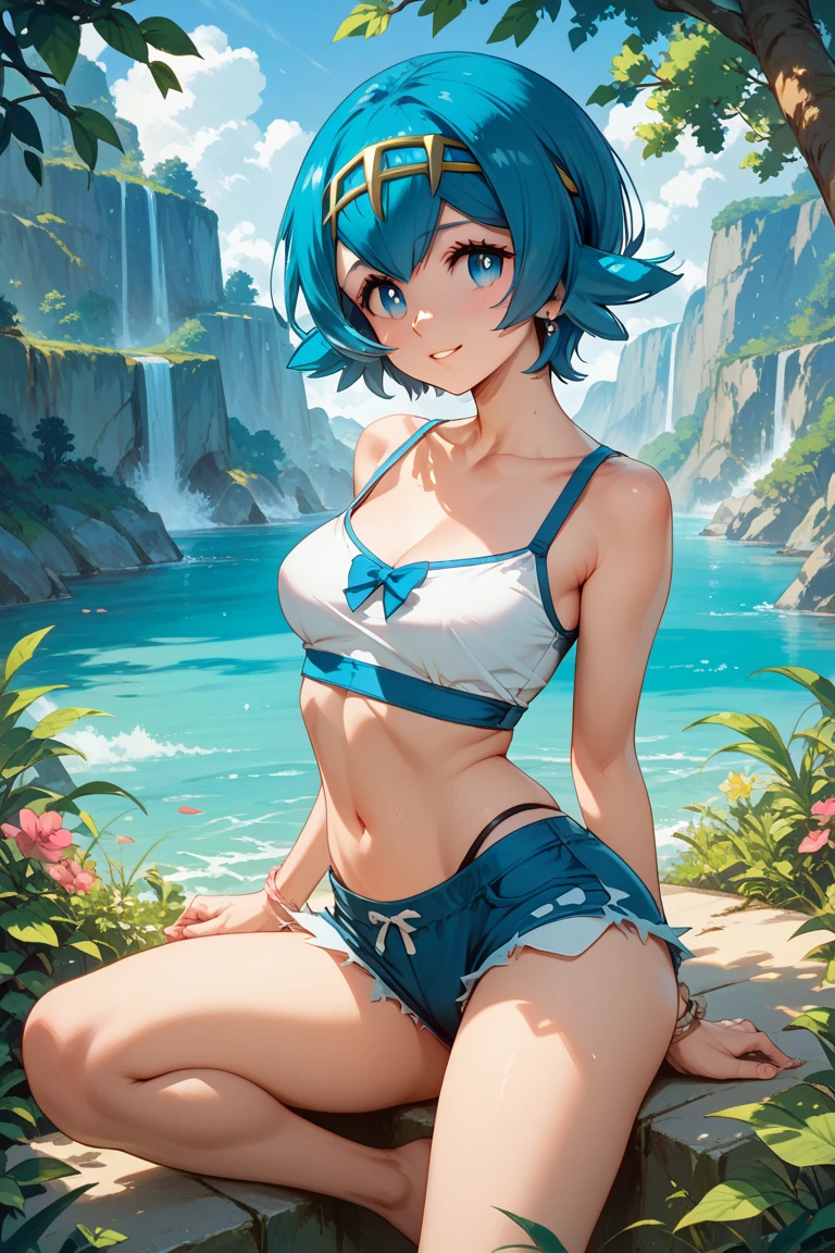 best qualityer,tmasterpiece,Ultimate resolution,downy,Extremely colorful,Colorful,waters,Sexy beauty,Short blue-green hair,a matural female,blue bikini,huge tit,Crop topping,short skirt,Bare legged,Barefoot,Blue manicure,Normal posture