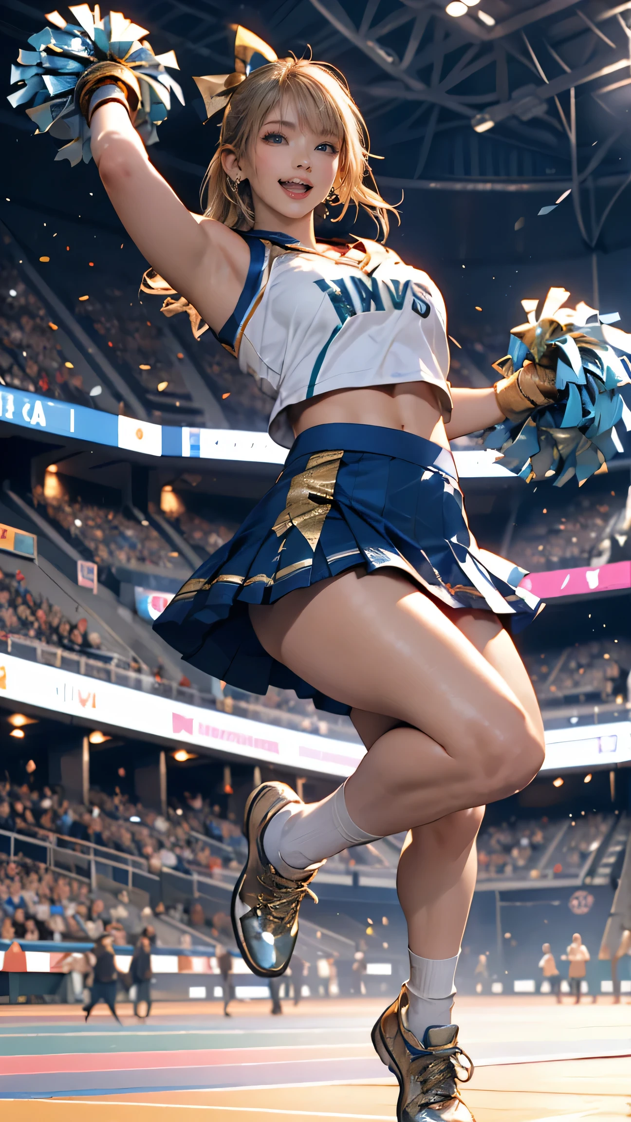 ((最high quality, 8k, masterpiece: 1.3, Ultra HD, high quality, 最high quality, High resolution, realism)) 、Very beautiful 22 year old Caucasian woman、Hair Color: Blonde、Blue Idium Hair、Straight hair、smile、Slim but well-proportioned body、Athlete-like figure、I want to keep my head out of the screen.、Wear accessories on your wrist、Put an anklet on your ankle、Wearing red nail polish、Having a pedicure、Being a cheerleader、Strike a Pose