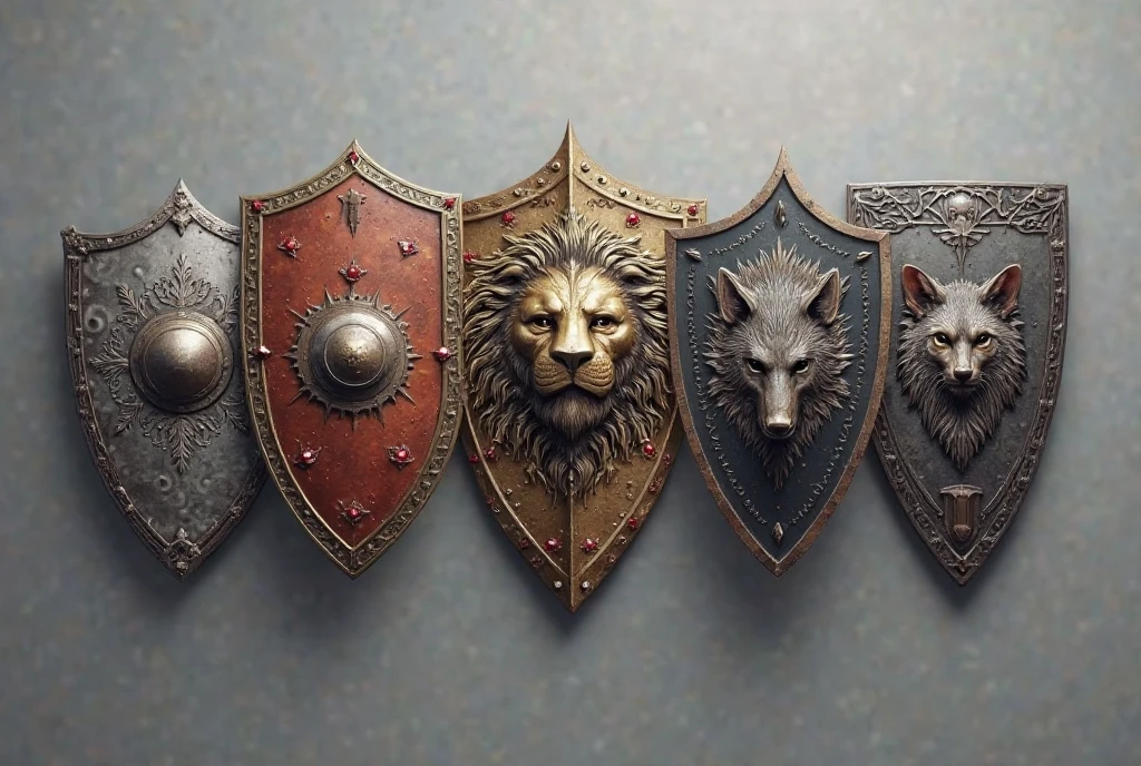 Depict five pieces of medieval fantasy melee weapons floating on a transparent grey background, five fantasy shields to protect the Middle Ages, 1 steel engraved round shield, 2 bronze engraved shield with rubies and black engraving, 3 gold engraved round shield with lion's head, 4 teardrop-shaped black steel shield with spikes, 5 iron tower shield engraved with wolf.