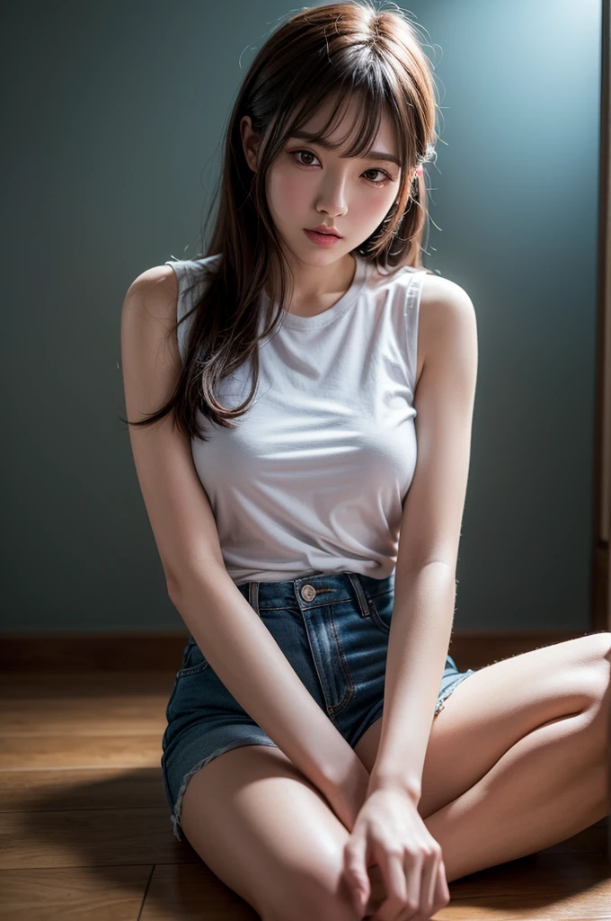 Beautiful,K-pop idol,japanese idol,Japanese actress,high resolution,Beautiful skin,8k,RAW photo,best quality,masterpiece,realistic,photo-realistic,clear,professional lighting,beautiful face,best quality,ultra high res,whole body,sexy,beautiful legs,beautiful row of teeth, beautiful lips,smile,short-cut hair, Denim shorts
