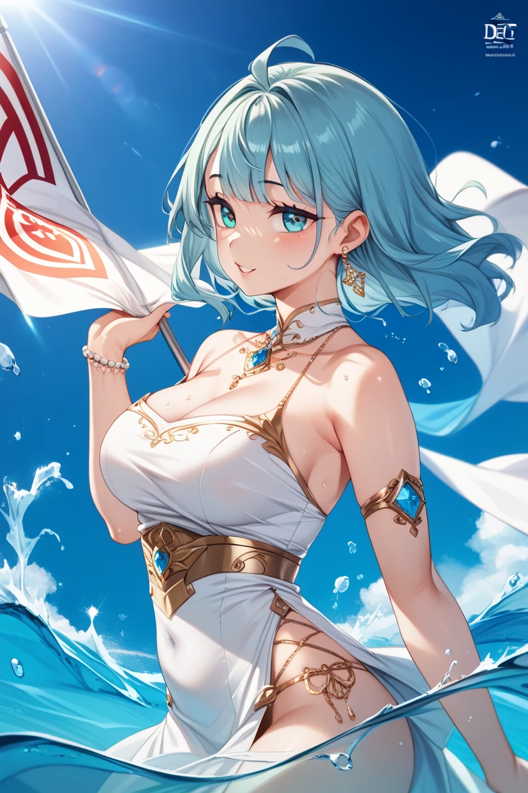 fantasy, 1lake_elemental_girl,(right_skin:0.9), (using_water_clothes:1.1), water,(wet:1.2),see-through_clothes_covered_breasts, see-through_clothes_covered_pussy,covered_nipples,(soft_large_tits:1.1), standing, smile,half_eyes, sleepy, up_style_long_hair, navel,oil, (water_around_torso:1.1), pondside_background, gold_headgear, aquablue_cloak, spread_arms, large_staff, slender_thighhighs,solo,(pelvic_curtain:1.2), tabard,(plump:0.7),cowboyshot,(open_legs:1.4),pussy,splash,wet