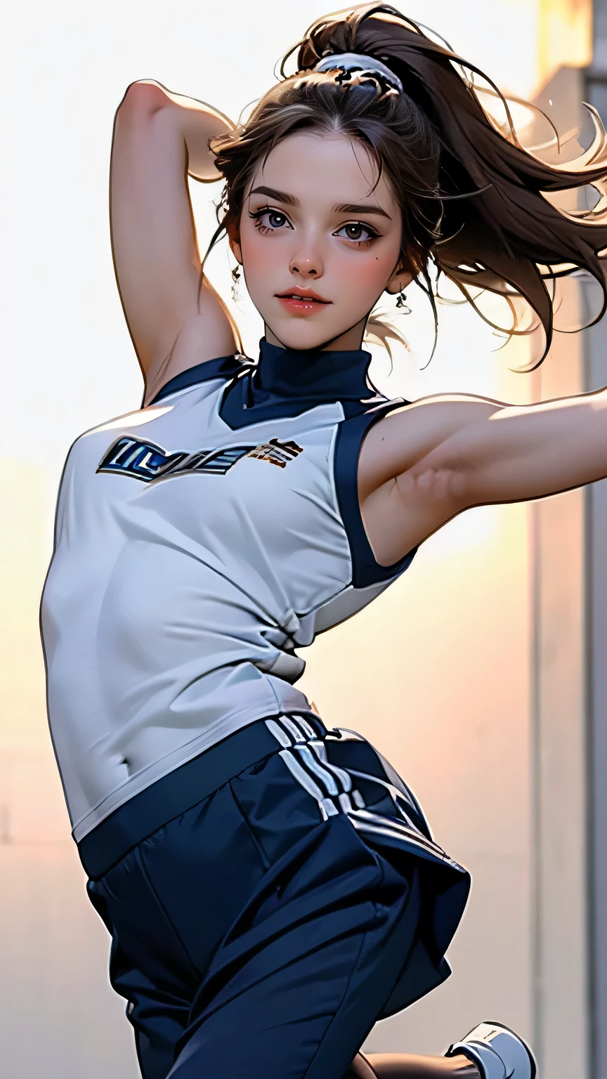 one girl, (18 years old girl), (A girl performing cheerleading dance in mid-air during a split jump), ((Highest quality)), ((masterpiece)), (detailed), ((very detailed face)), High resolution photograph, Good light, (realistic photo shoot:1.1), (Beautiful Delicate Eyes and Lips ), Best Shadow, so delicate and beautiful, beautiful tan skin, smile, open your mouth, ponytail brown hair, bangs, brown eyes, The girl has long flowing hair, Good light, She is dressed in a colorful cheerleading uniform with a skirt and pom-poms in each hand, She is wearing navy blue cheer shorts, The background is a bright sports arena with cheering spectators, she is smiling with her legs fully extended in a split jump, showing her flexibility and athleticism, The lighting is bright, emphasizing her graceful motion and energy, muscular body, (full body portrait), sunshine,