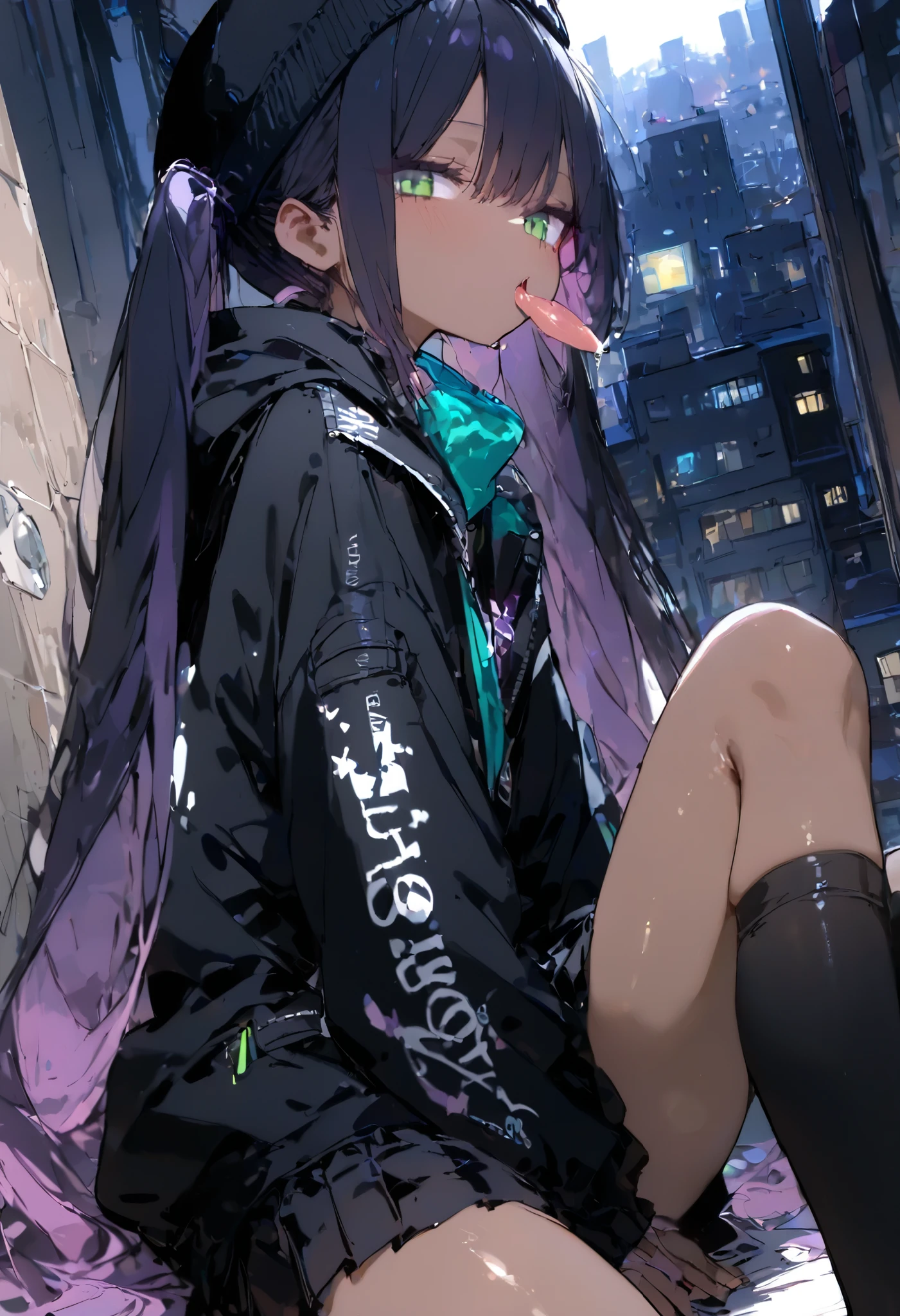 1 girl,Twin Tails, black hair,purple hair,gradient hair,very long hair,cut,Skin teeth ,jitome,green eyes,x Hair Ornament,flat chest
,nipples,(brown skinned woman:1.4),pink lip dress, black jacket,OVERSIZE JACKET, Pleated Skirt, Beanie, black thigh high socks,
pocket, from side, looks up, from behind or at night, stick out your tongue, Sharp teeth,leaning against the wall, ( raise one leg:0.8),
city, street, tile wall, ( painted wall with bright windows:1.1),Dutch angle
,BREAKMasterpiece,best quality,very aesthetic,eatsleep1111, latest,Aiu ,