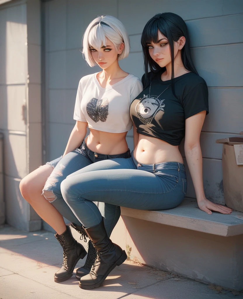 cabelos preto e longos,denim pant,white tank tops,nurses,White moonlight,tmasterpiece, --auto