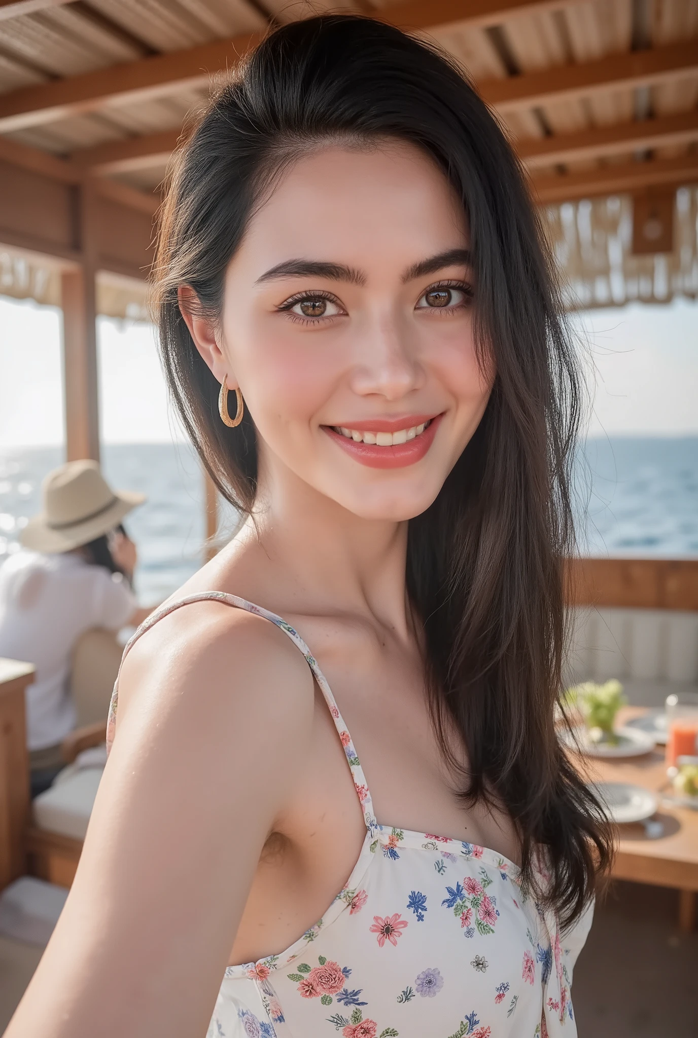 A beautiful young Thai woman taking a cheerful selfie on a wooden boat during a sunny day at sea. She has long, dark hair flowing slightly in the breeze and a radiant smile. She wears a stylish black lace long sleeved tank top, sporty fitted short, reflecting a relaxed and vacation-like vibe. The background showcases the sparkling ocean with sunlight glistening on the water’s surface. The boat has a rustic wooden design with open windows, white curtains swaying in the wind, and various items like drinks and food scattered on the table. A person wearing a hat is sitting at the back of the boat, adding to the casual and laid-back atmosphere. The overall scene exudes warmth, relaxation, and enjoyment of a tropical getaway.