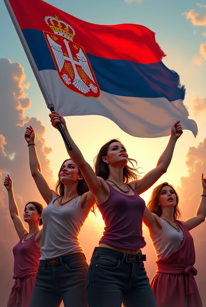 Photoshoot of female ultra hooligans carrying smoke bombs and red and white flags